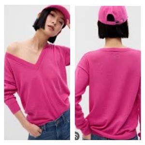 GAP NWT Soft Linen Blend V-Neck Barbie Core Sweater Pullover In Pink Sz L/P